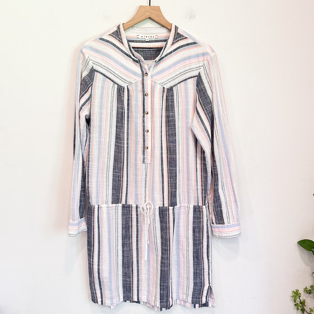 Xirena Sorento Striped Button Tie Tunic Dress Pink Size M